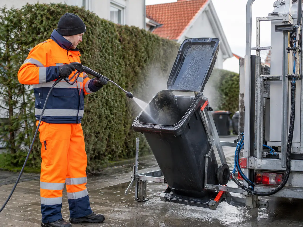 Professionelle Reinigung einer Mülltonne