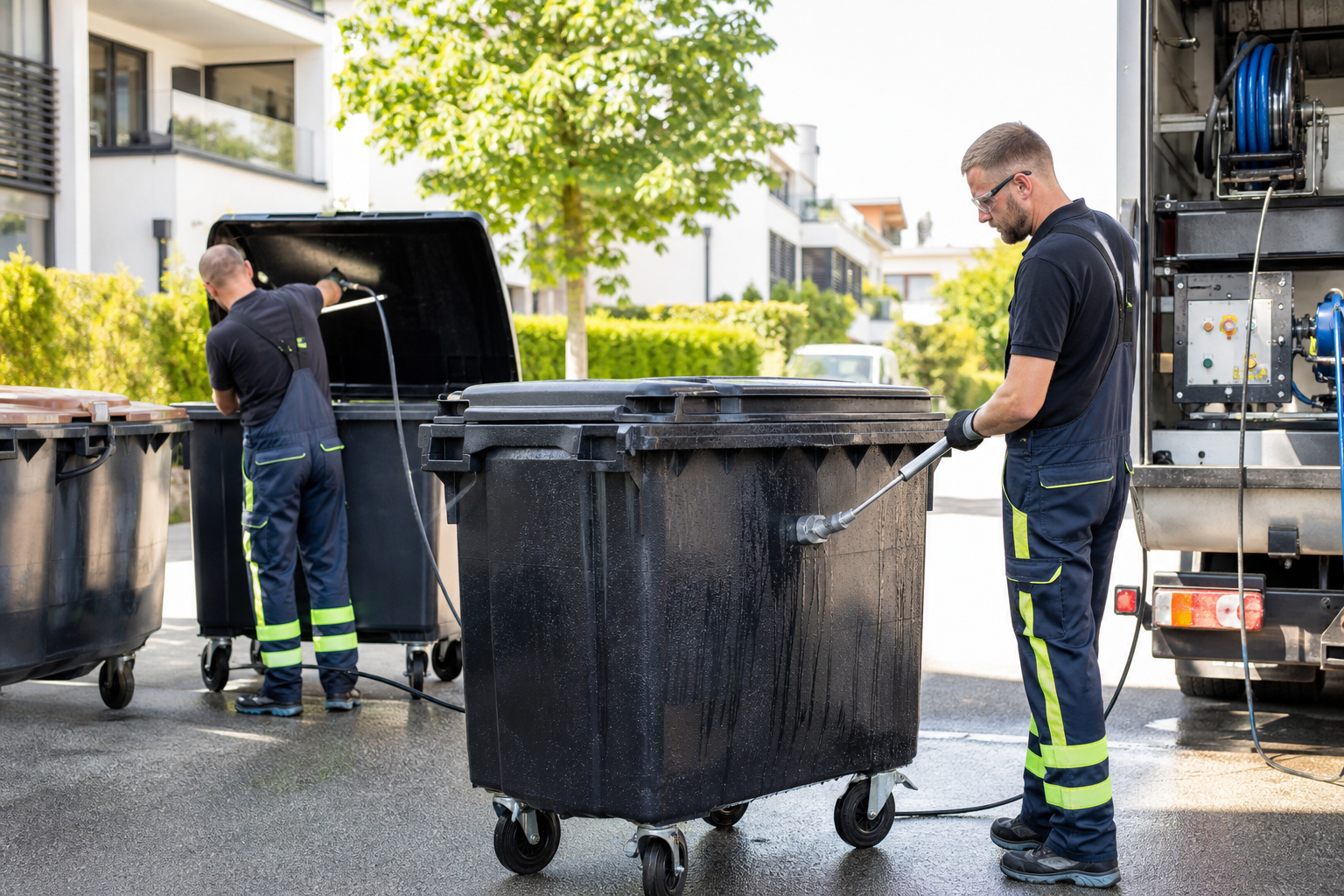 Reinigung von 660- und 1.100-Liter-Großbehältern am Müllplatz