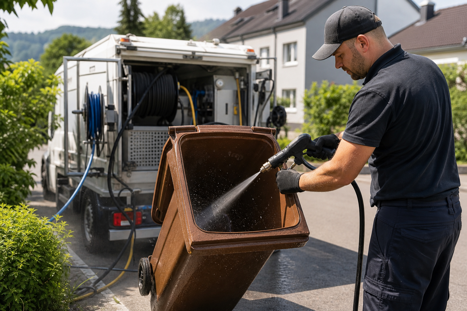 Professionelle Reinigung einer Biotonne nach der Leerung