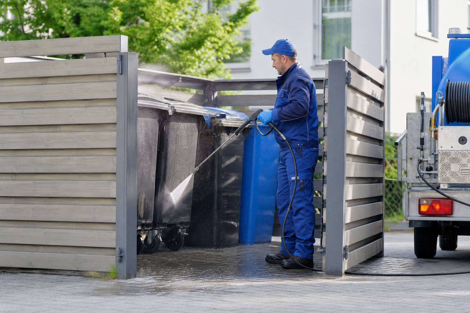 Sauberer Müllplatz mit gereinigten Abfallbehältern an einem Gewerbeobjekt