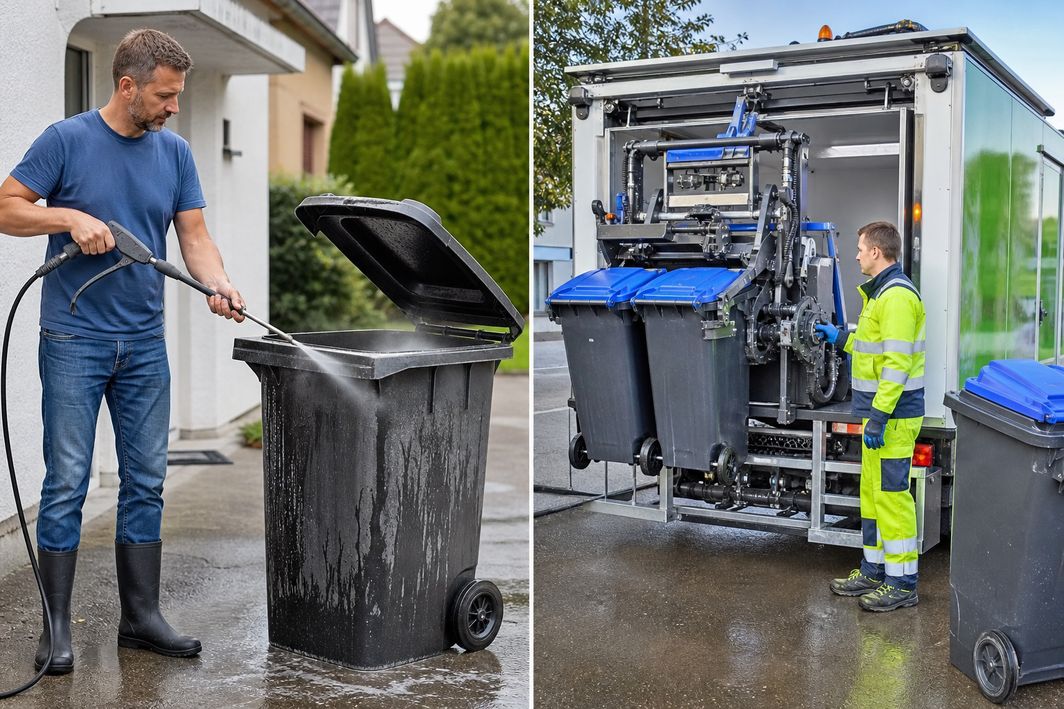 Person reinigt eine Mülltonne mit Bürste und Wasser