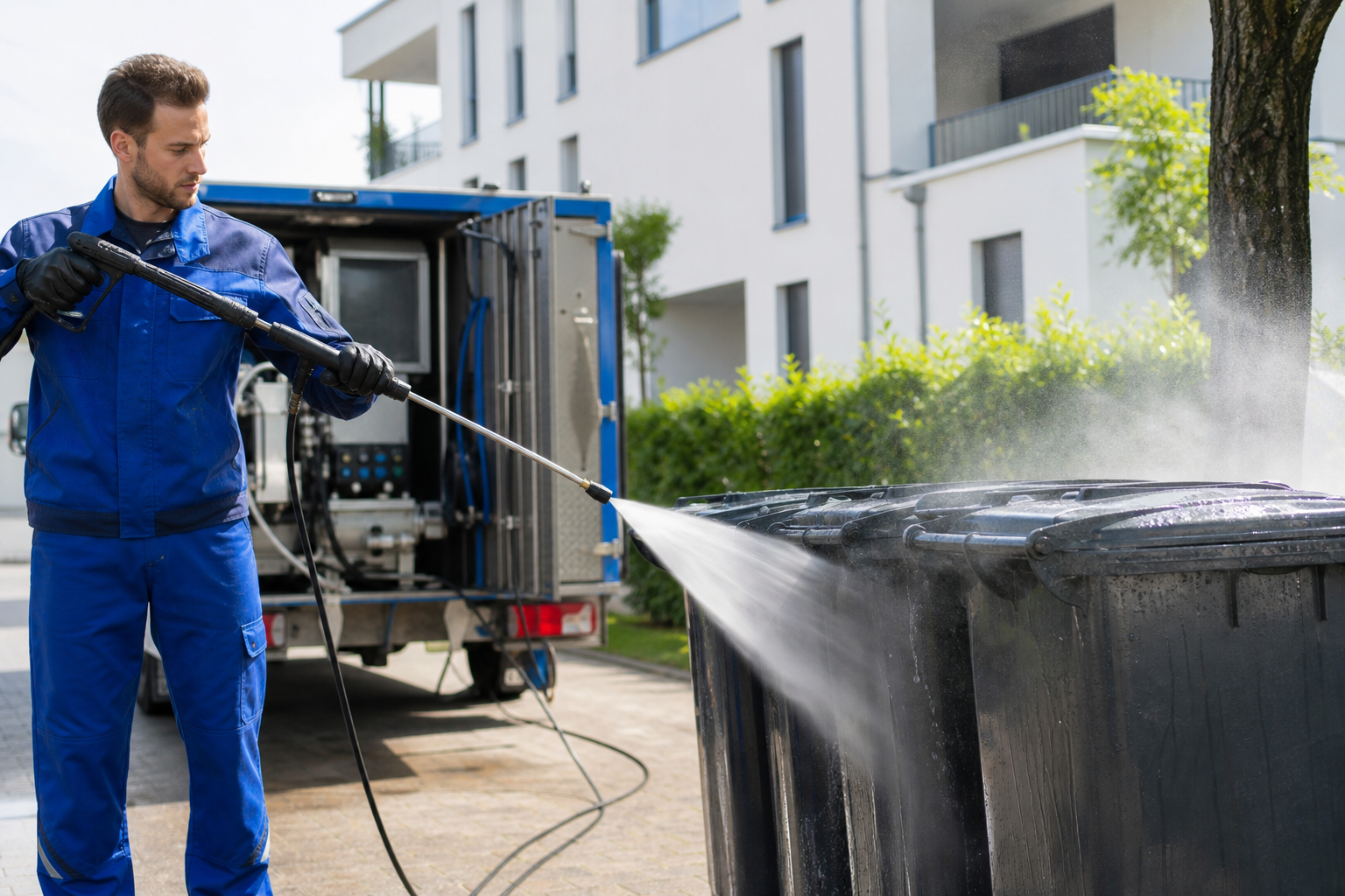 Saubere Bio- und Restmülltonnen vor einem Wohnhaus als Vergleich für Mülltonnen-Abo und Einzelreinigung