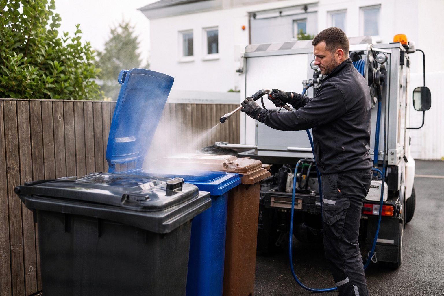Professionelle Mülltonnenreinigung an unterschiedlich großen Mülltonnen vor einem Wohnhaus